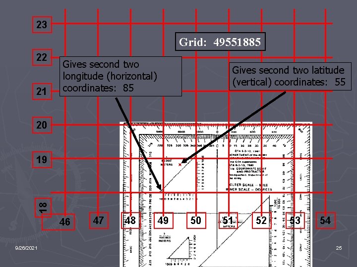 23 Grid: 49551885 22 21 Gives second two longitude (horizontal) coordinates: 85 Gives second