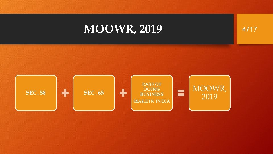 MOOWR, 2019 SEC. 58 SEC. 65 EASE OF DOING BUSINESS MAKE IN INDIA 4/17