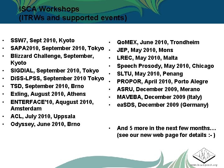 ISCA Workshops (ITRWs and supported events) • • • SSW 7, Sept 2010, Kyoto