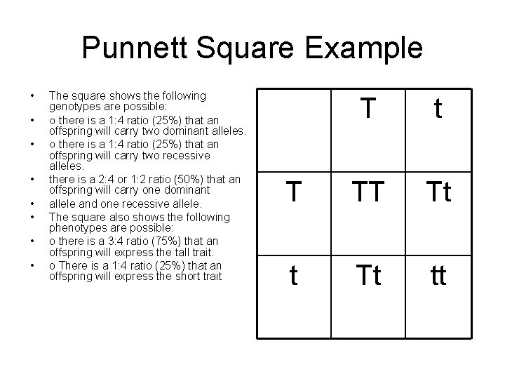 Punnett Square Example • • The square shows the following genotypes are possible: ○