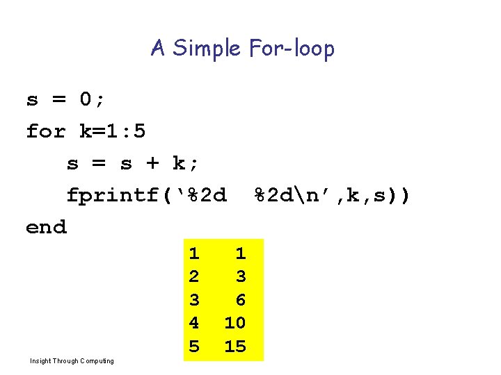 A Simple For-loop s = 0; for k=1: 5 s = s + k;