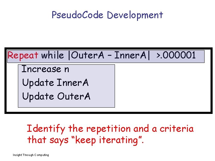 Pseudo. Code Development Repeat while |Outer. A – Inner. A| >. 000001 Increase n