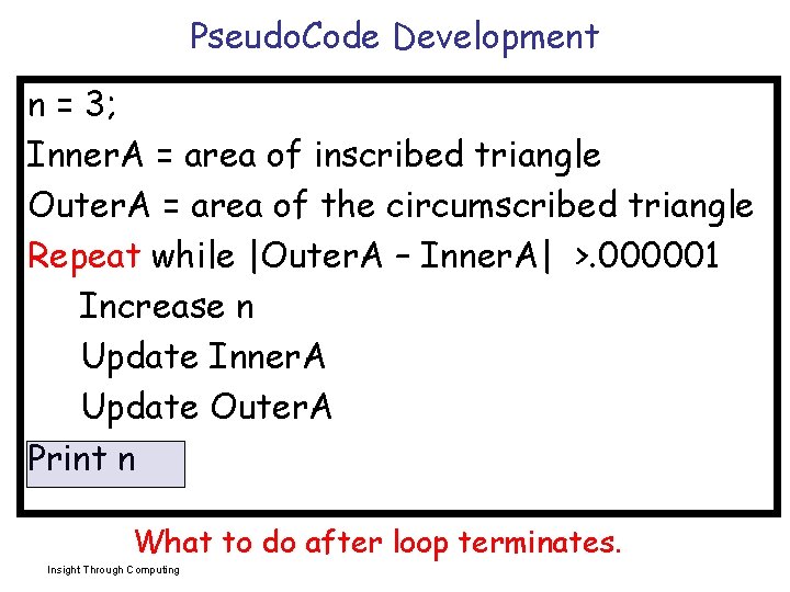 Pseudo. Code Development n = 3; Inner. A = area of inscribed triangle Outer.