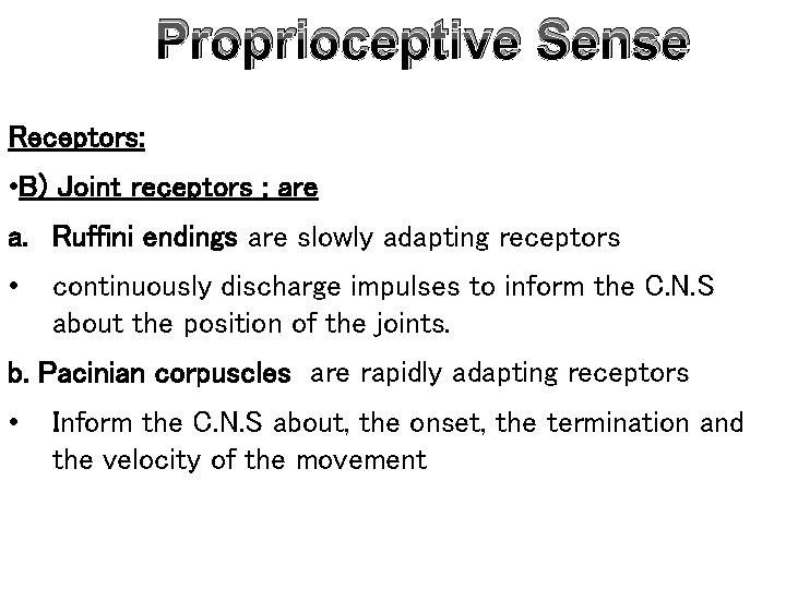 Proprioceptive Sense Receptors: • B) Joint receptors : are a. Ruffini endings are slowly