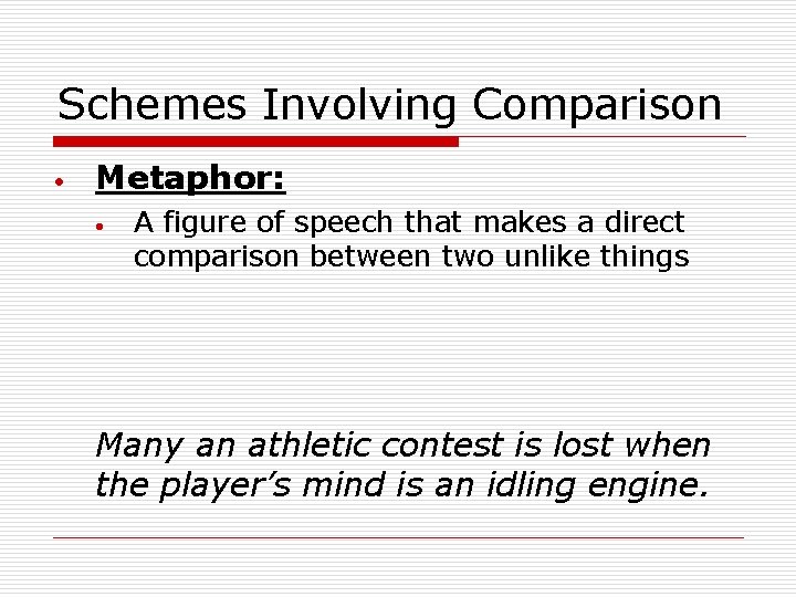 Schemes Involving Comparison Metaphor: A figure of speech that makes a direct comparison between