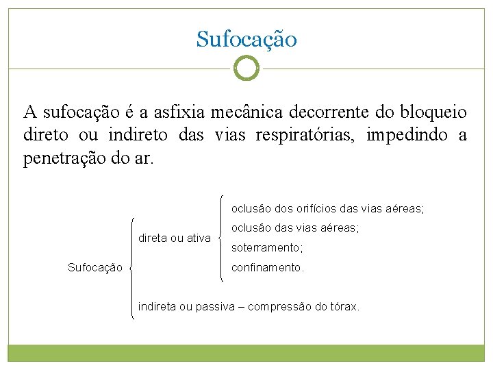 Sufocação A sufocação é a asfixia mecânica decorrente do bloqueio direto ou indireto das