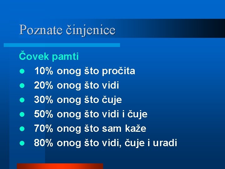 Poznate činjenice Čovek pamti l 10% onog što pročita l 20% onog što vidi