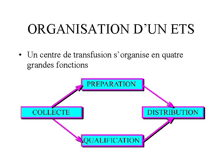 ORGANISATION D’UN ETS • Un centre de transfusion s’organise en quatre grandes fonctions 