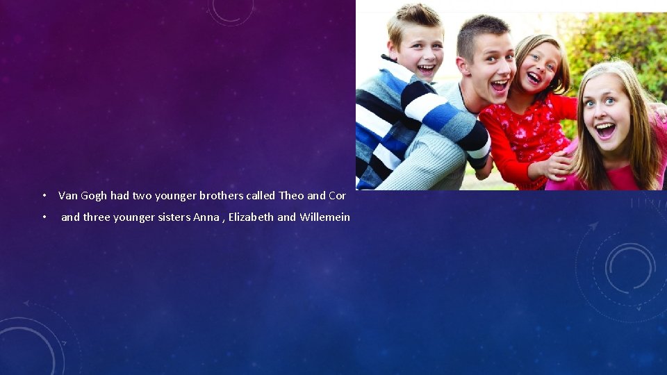  • Van Gogh had two younger brothers called Theo and Cor • and