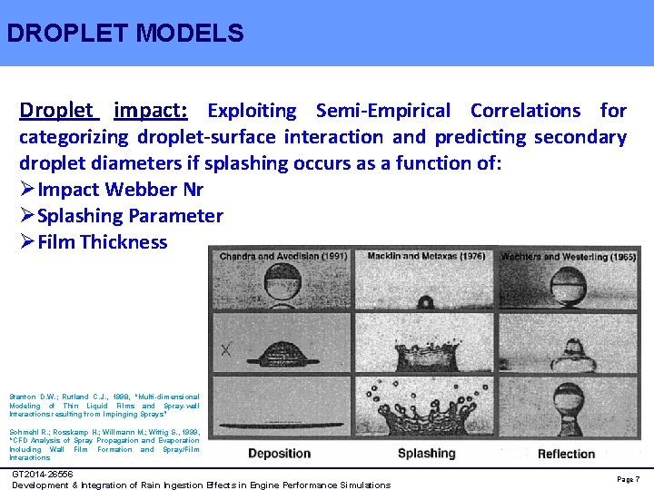 DROPLET MODELS Droplet impact: Exploiting Semi-Empirical Correlations for categorizing droplet-surface interaction and predicting secondary