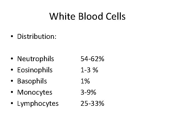 White Blood Cells • Distribution: • • • Neutrophils Eosinophils Basophils Monocytes Lymphocytes 54