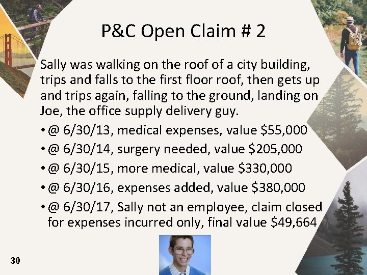 P&C Open Claim # 2 Sally was walking on the roof of a city