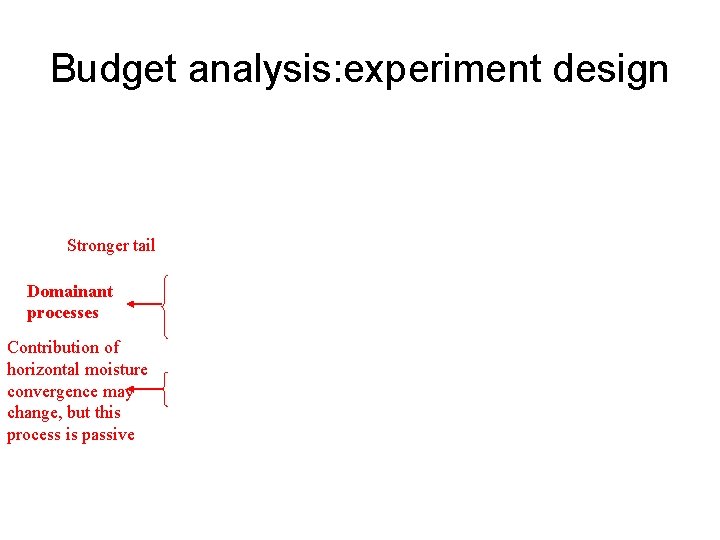 Budget analysis: experiment design Stronger tail Domainant processes Contribution of horizontal moisture convergence may