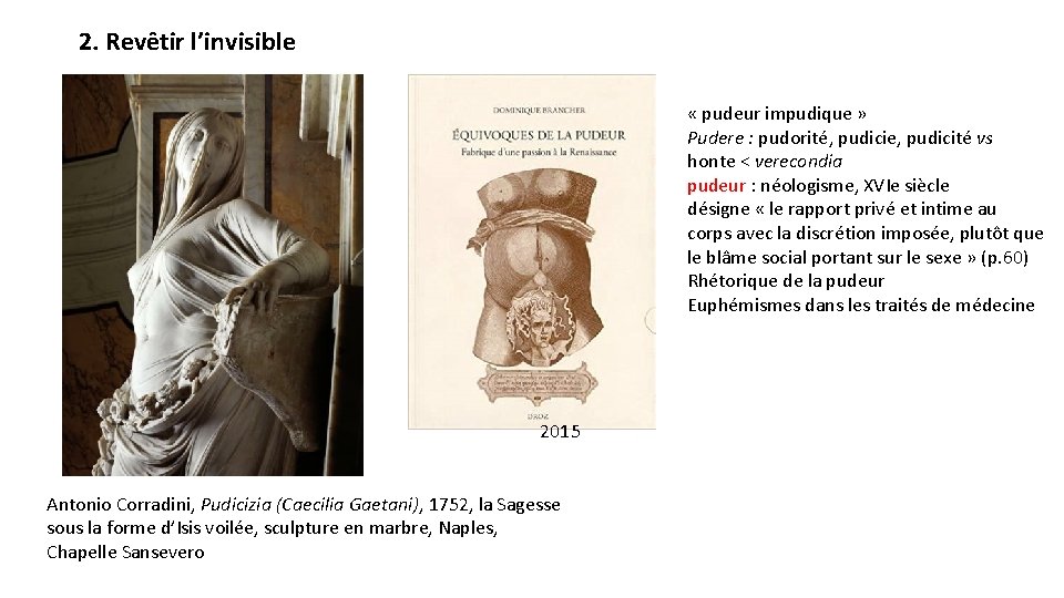 2. Revêtir l’invisible « pudeur impudique » Pudere : pudorité, pudicie, pudicité vs honte