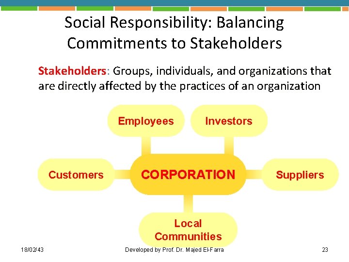 Social Responsibility: Balancing Commitments to Stakeholders: Groups, individuals, and organizations that are directly affected