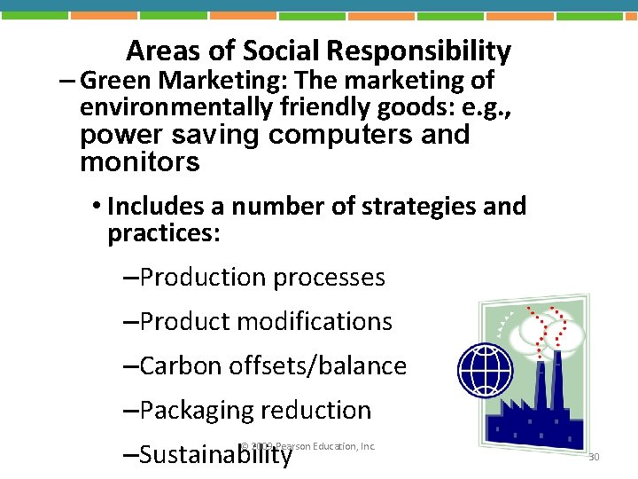 Areas of Social Responsibility – Green Marketing: The marketing of environmentally friendly goods: e.