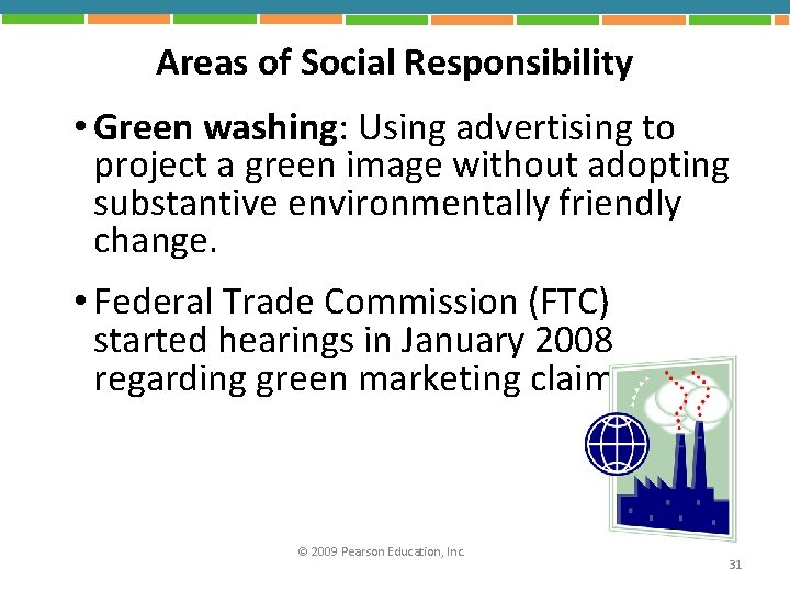 Areas of Social Responsibility • Green washing: Using advertising to project a green image