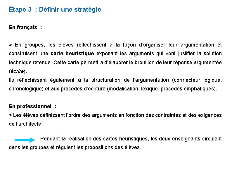 Étape 3 : Définir une stratégie En français : > En groupes, les élèves