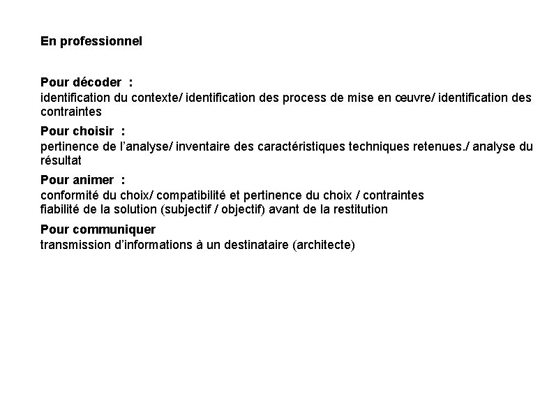 En professionnel Pour décoder : identification du contexte/ identification des process de mise en