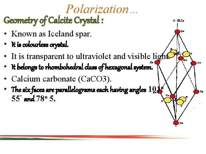 Polarization… Geometry of Calcite Crystal : • • • Known as Iceland spar. It