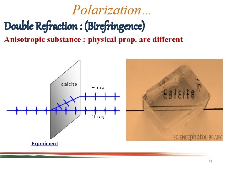 Polarization… Double Refraction : (Birefringence) Anisotropic substance : physical prop. are different Experiment 41