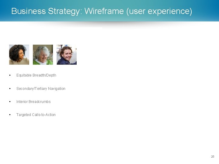Business Strategy: Wireframe (user experience) • Equitable Breadth/Depth • Secondary/Tertiary Navigation • Interior Breadcrumbs