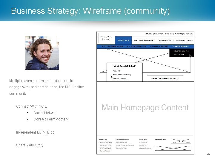 Business Strategy: Wireframe (community) Multiple, prominent methods for users to engage with, and contribute