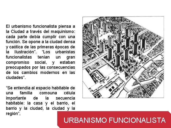 El urbanismo funcionalista piensa a la Ciudad a través del maquinismo: cada parte debía