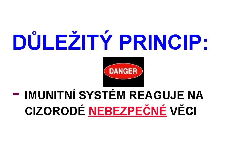 DŮLEŽITÝ PRINCIP: - IMUNITNÍ SYSTÉM REAGUJE NA CIZORODÉ NEBEZPEČNÉ VĚCI 