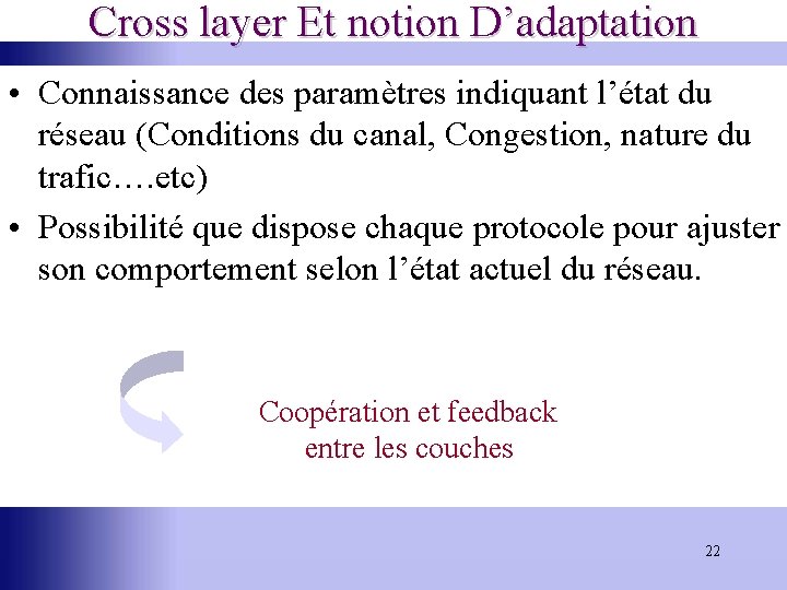 Cross layer Et notion D’adaptation • Connaissance des paramètres indiquant l’état du réseau (Conditions