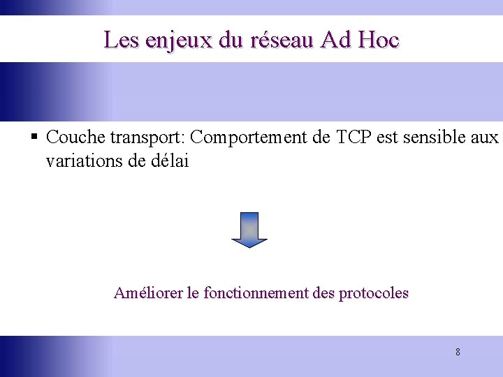 Les enjeux du réseau Ad Hoc § Couche transport: Comportement de TCP est sensible