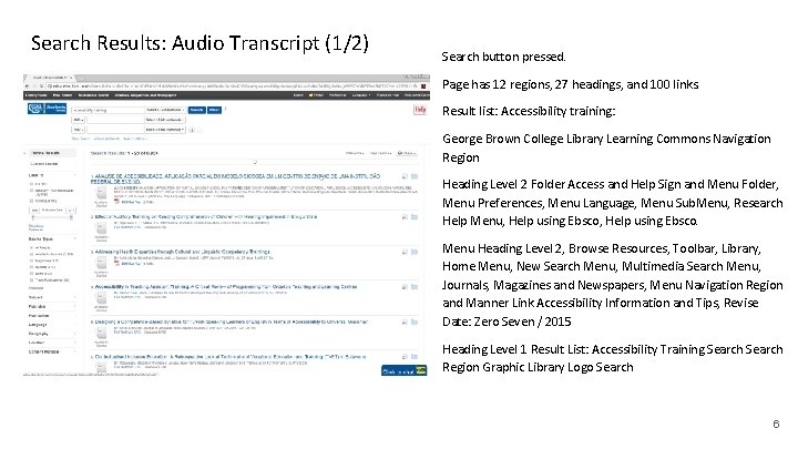 Search Results: Audio Transcript (1/2) Search button pressed. Page has 12 regions, 27 headings,