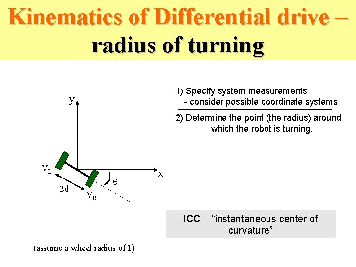 Kinematics of Differential drive – radius of turning 1) Specify system measurements - consider