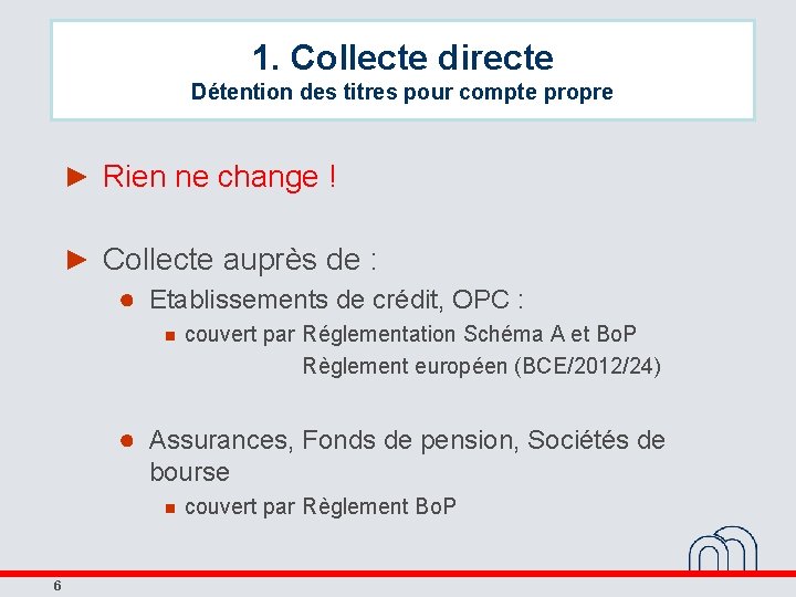 1. Collecte directe Détention des titres pour compte propre ► Rien ne change !