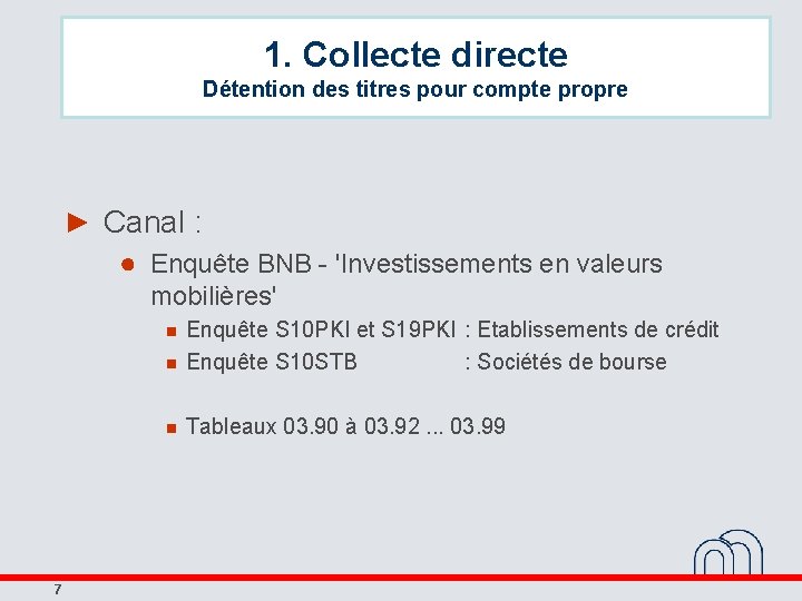 1. Collecte directe Détention des titres pour compte propre ► Canal : ● Enquête