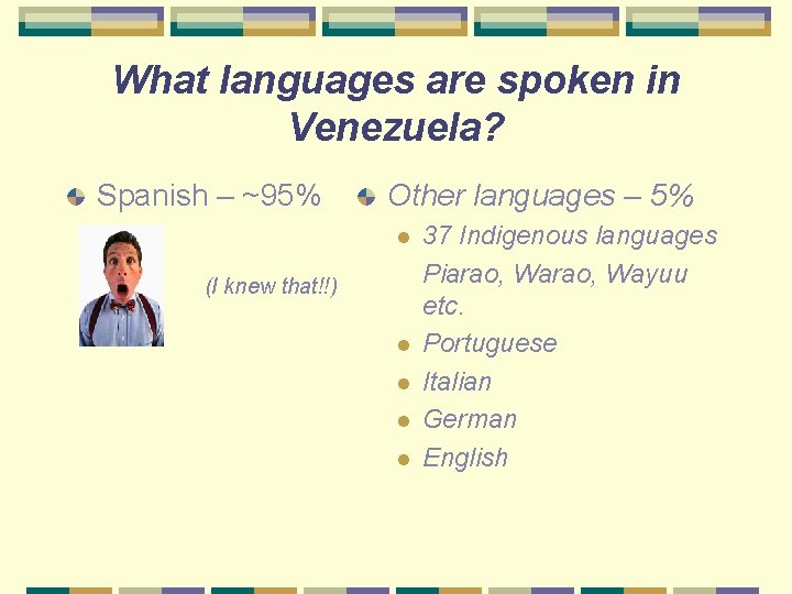 What languages are spoken in Venezuela? Spanish – ~95% Other languages – 5% l
