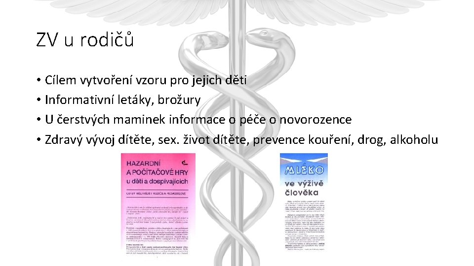 ZV u rodičů • Cílem vytvoření vzoru pro jejich děti • Informativní letáky, brožury