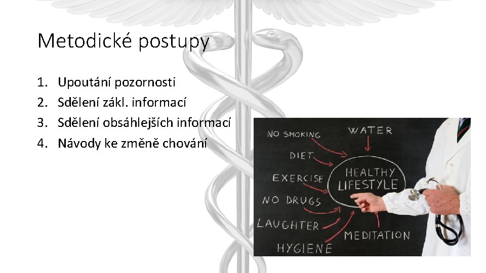 Metodické postupy 1. 2. 3. 4. Upoutání pozornosti Sdělení zákl. informací Sdělení obsáhlejších informací