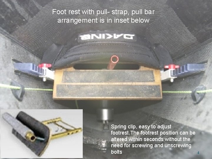 Foot rest with pull- strap, pull bar arrangement is in inset below Spring clip,