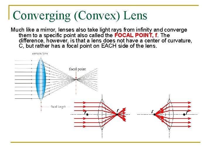 Converging (Convex) Lens Much like a mirror, lenses also take light rays from infinity