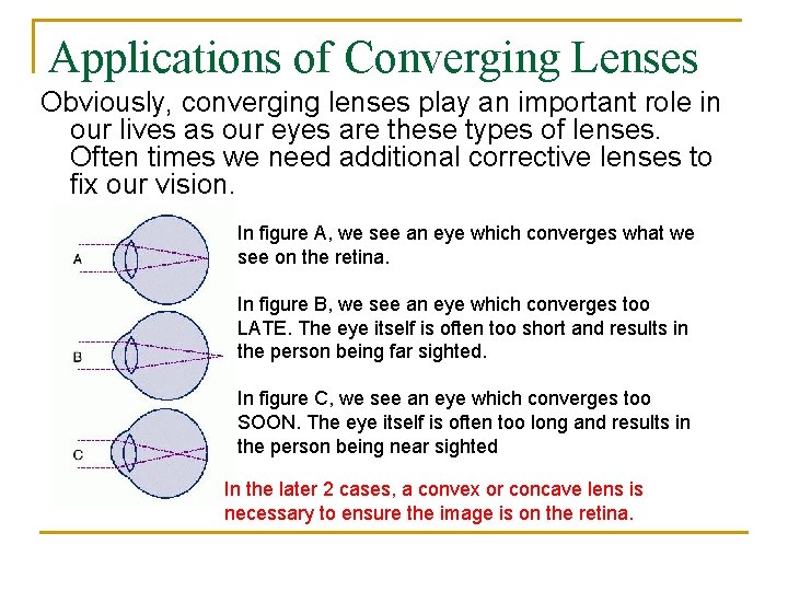 Applications of Converging Lenses Obviously, converging lenses play an important role in our lives