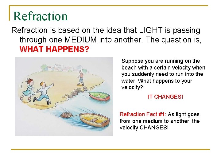 Refraction is based on the idea that LIGHT is passing through one MEDIUM into