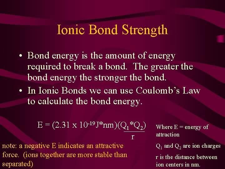 Ionic Bond Strength • Bond energy is the amount of energy required to break