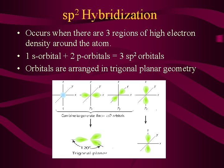 2 sp Hybridization • Occurs when there are 3 regions of high electron density