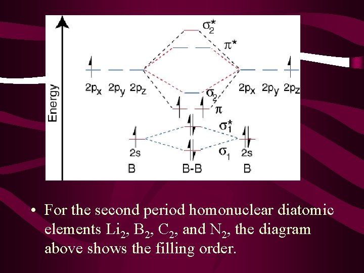  • For the second period homonuclear diatomic elements Li 2, B 2, C