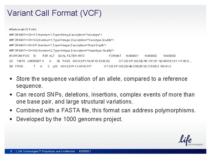 Variant Call Format (VCF) #fileformat=VCFv 4. 0 ##FORMAT=<ID=GT, Number=1, Type=String, Description="Genotype"> ##FORMAT=<ID=GQ, Number=1, Type=Integer,