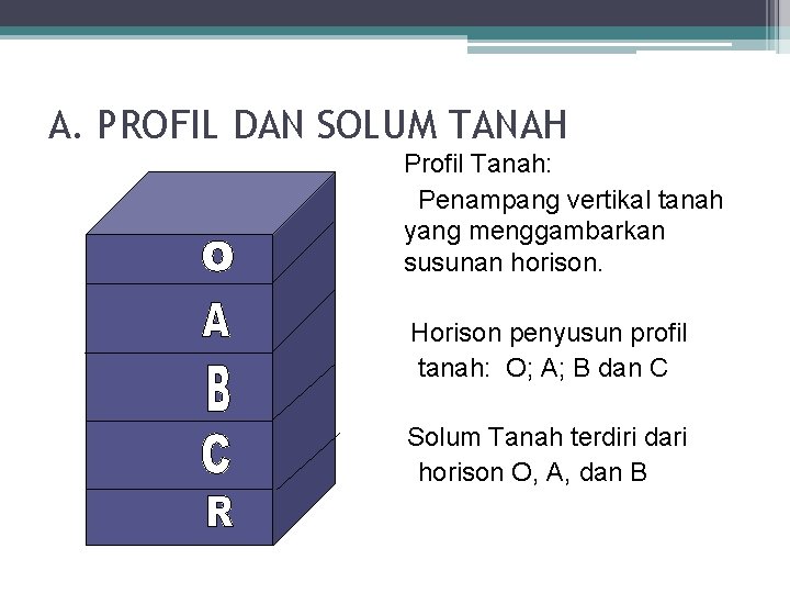 A. PROFIL DAN SOLUM TANAH Profil Tanah: Penampang vertikal tanah yang menggambarkan susunan horison.