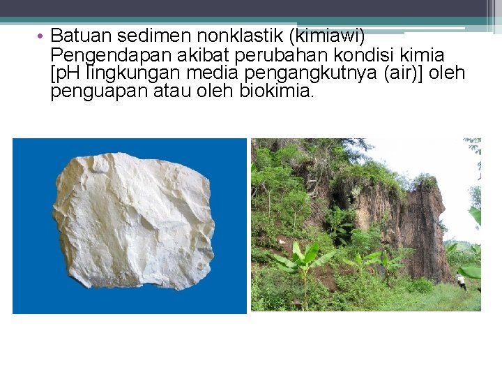  • Batuan sedimen nonklastik (kimiawi) Pengendapan akibat perubahan kondisi kimia [p. H lingkungan