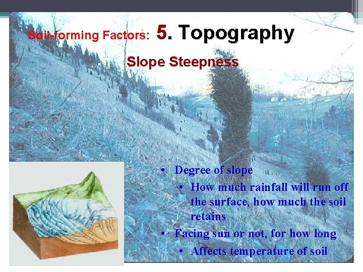 Soil-forming Factors: 5. Topography Slope Steepness • Degree of slope • How much rainfall