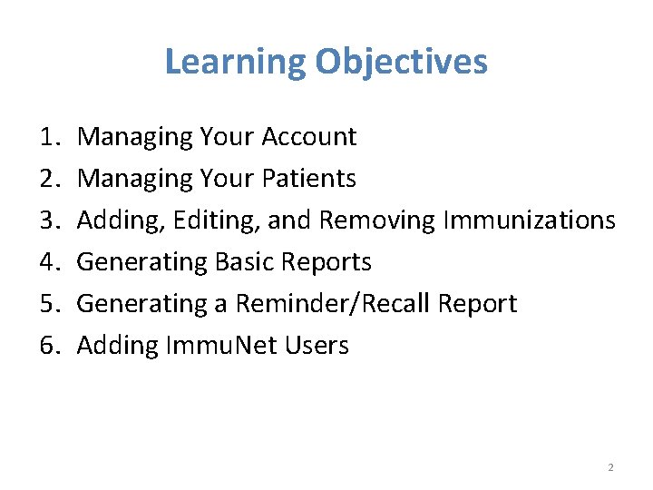 Learning Objectives 1. 2. 3. 4. 5. 6. Managing Your Account Managing Your Patients